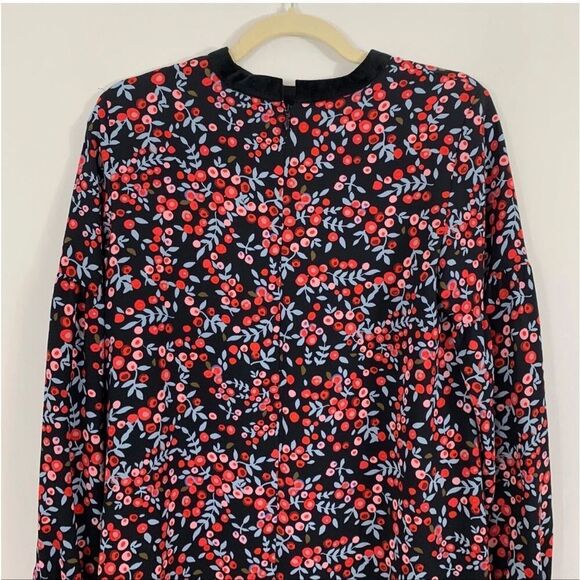 Loft Size S Long Sleeve Shift Dress Red Berry Floral Velvet Trim Cutout Fall - Picture 8 of 14